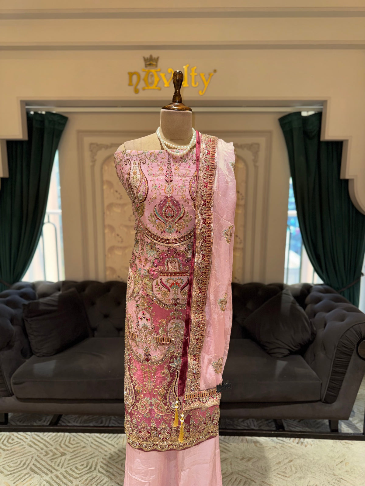 Blush Pink & Mauve Unstitched Silk Suit Set with Ornate Paisley Zardozi Yoke & Scalloped Dupatta