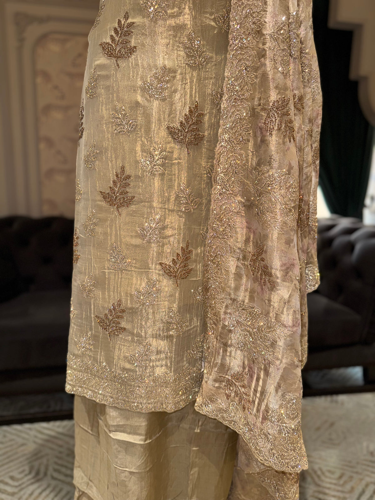 Champagne Gold Unstitched Silk Suit Set with Leaf Embroidery and Scalloped Dupatta