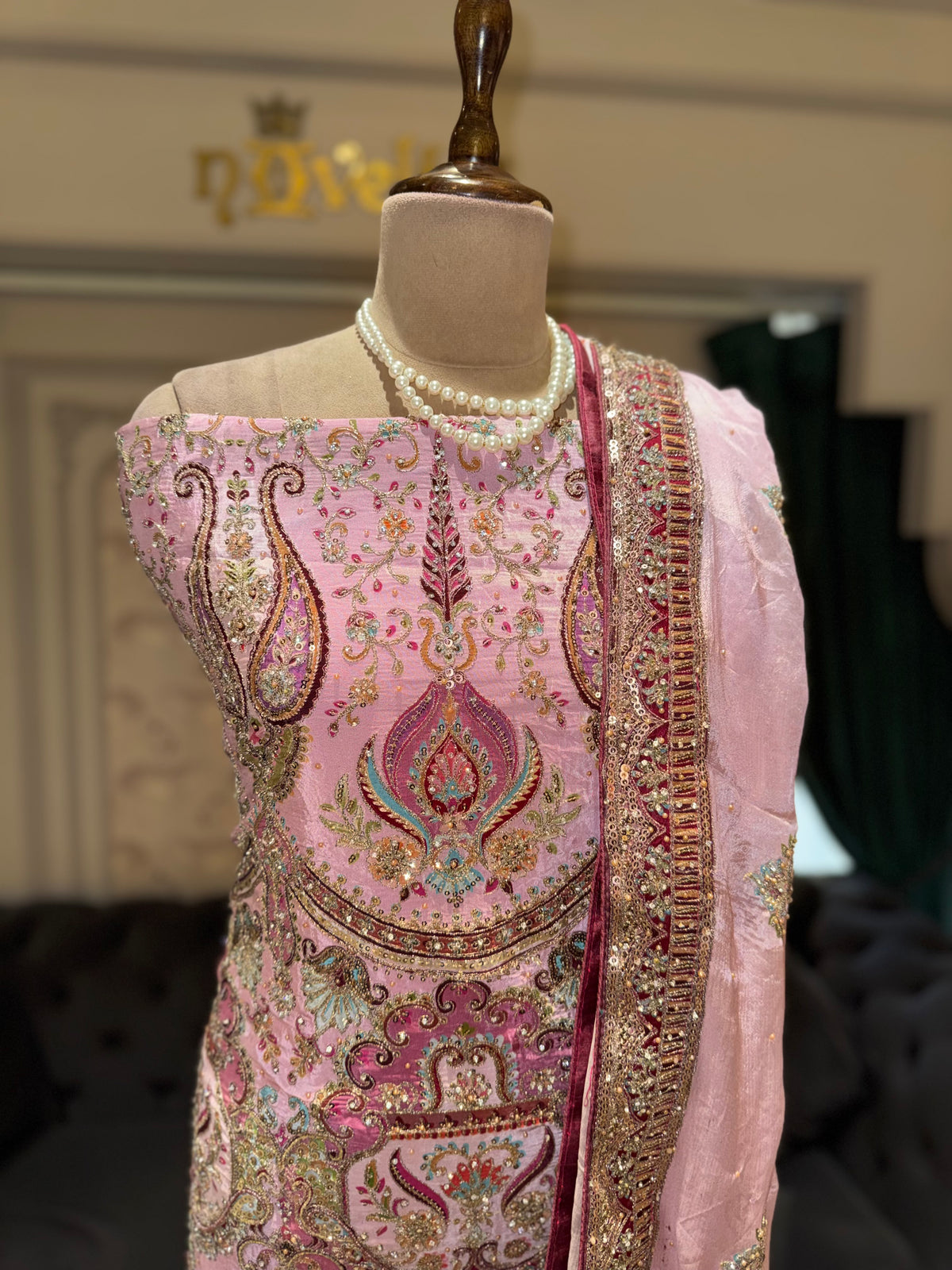 Blush Pink & Mauve Unstitched Silk Suit Set with Ornate Paisley Zardozi Yoke & Scalloped Dupatta