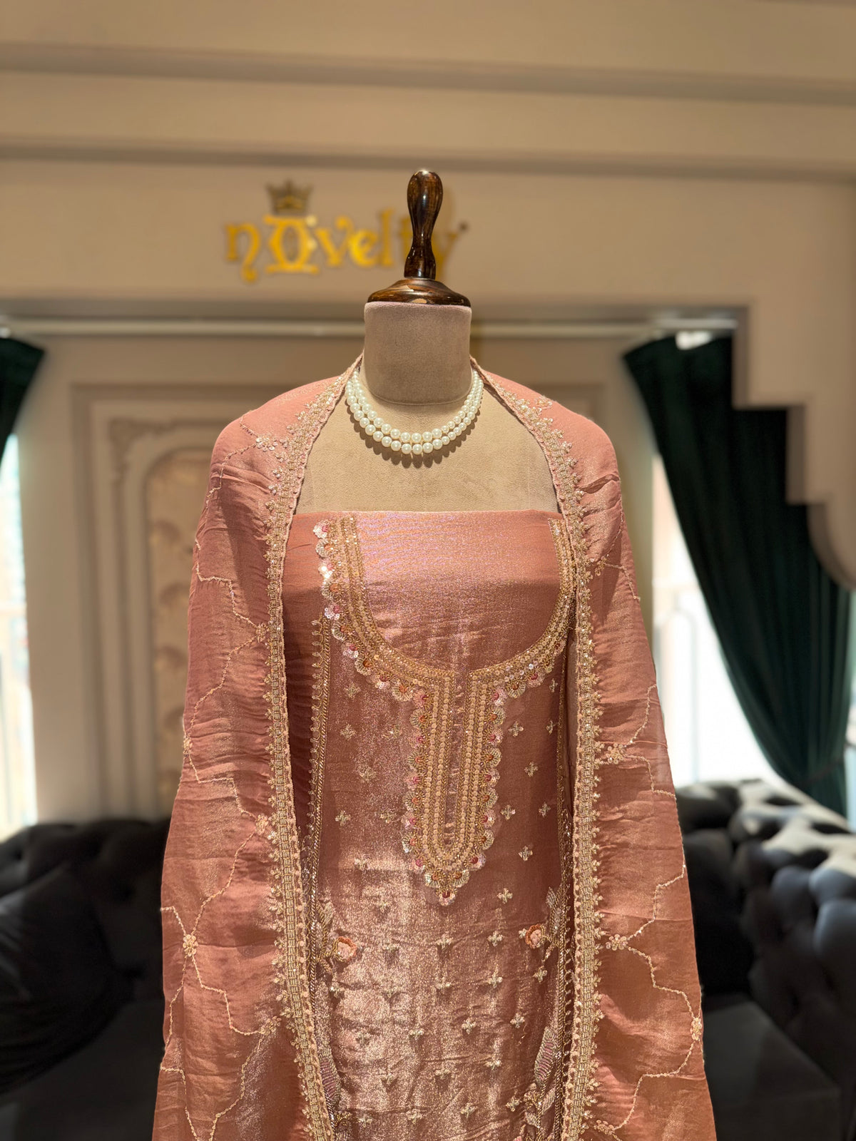 Rose Gold Unstitched Silk Suit Set with Detailed Neck Yoke and Zardozi Hem