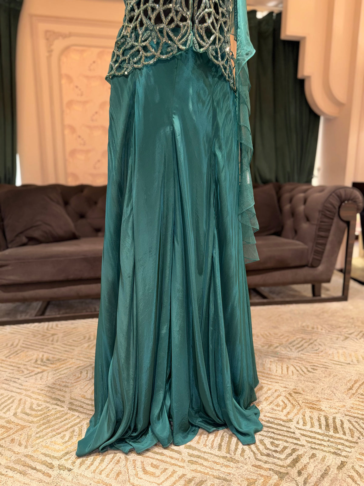 Teal Embellished Flared Gown