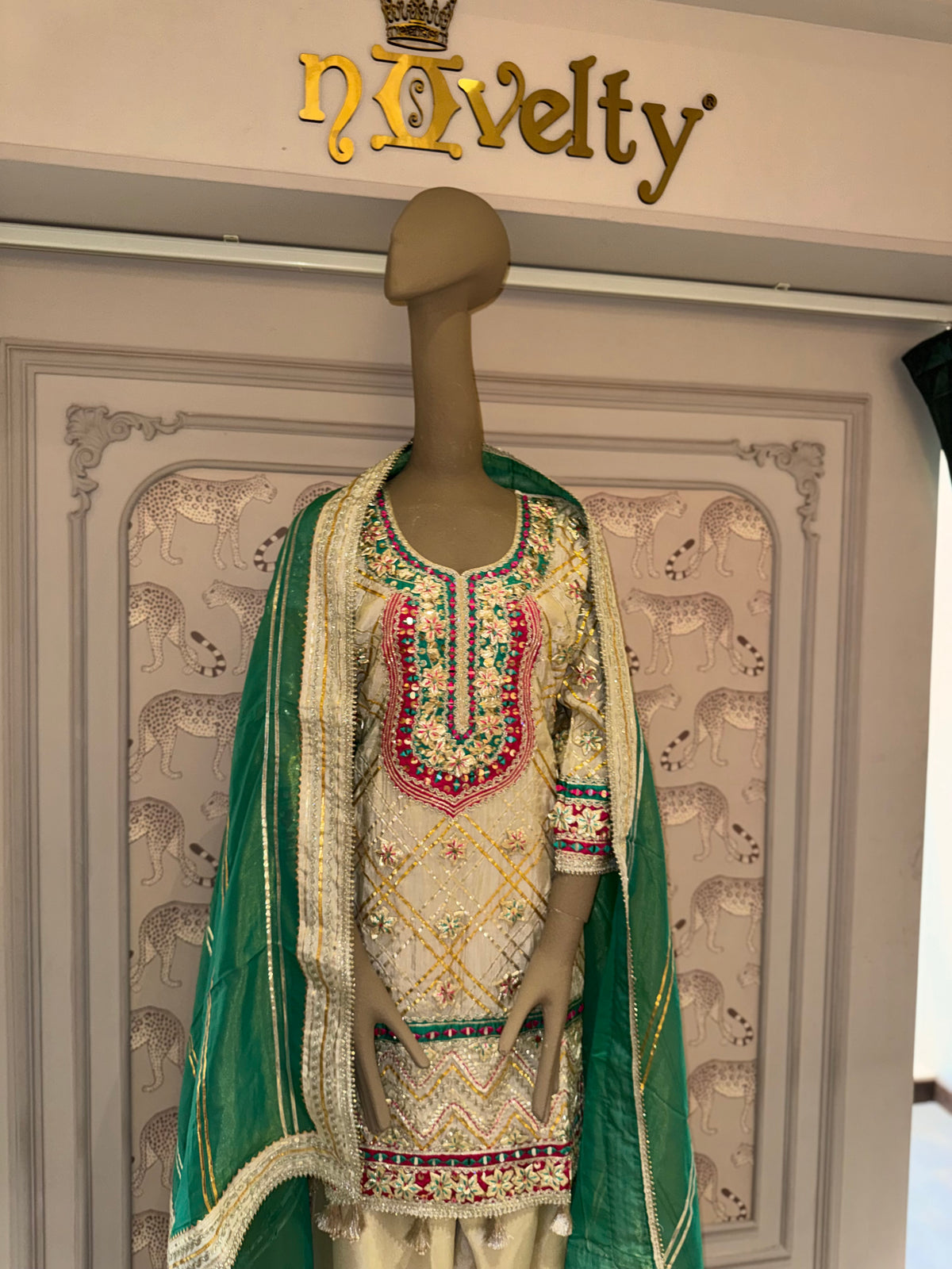 Ivory Gota Patti Embroidered Punjabi Suit with Green Dupatta