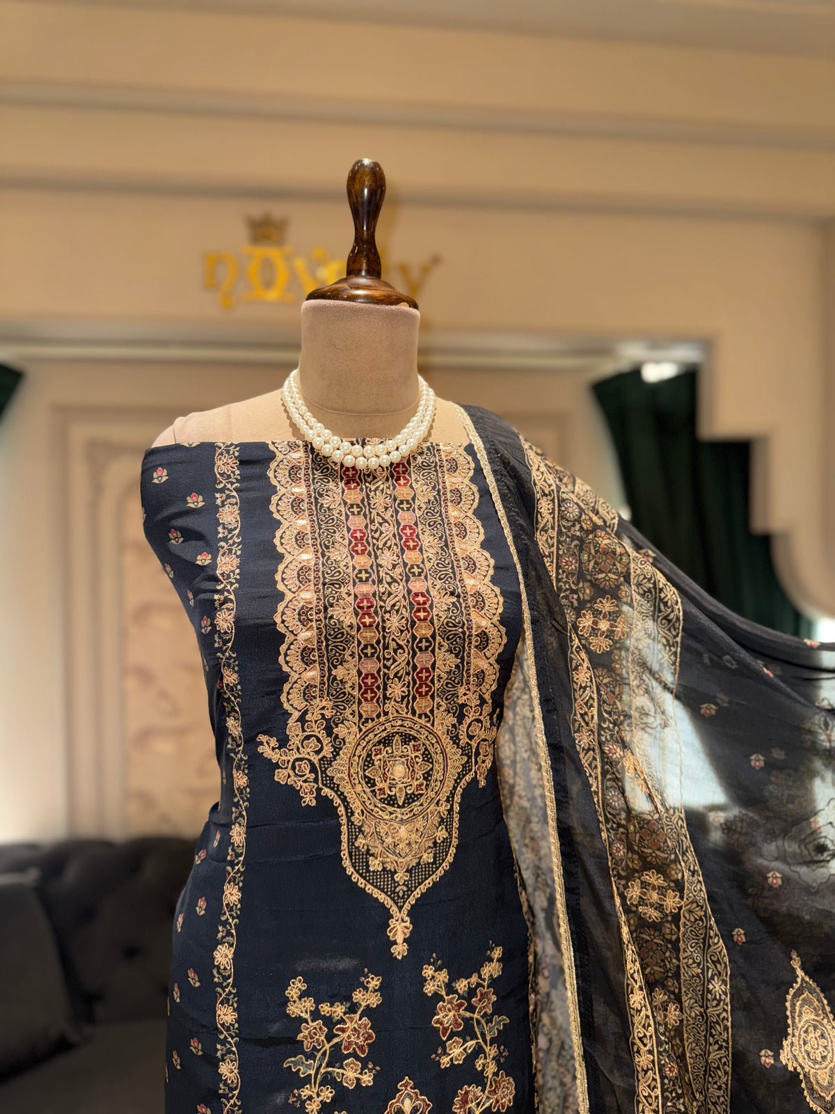 Navy Blue & Grey Embroidered Crepe Unstitched Suit