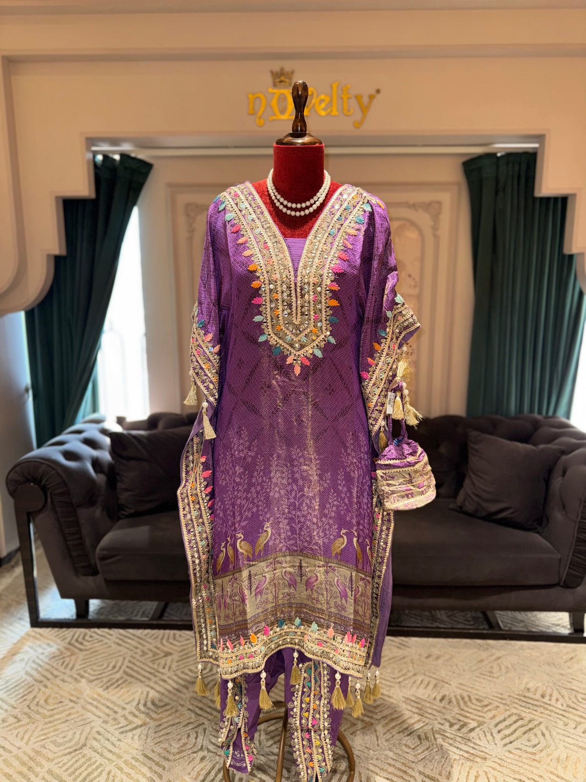 Purple Embroidered Kaftan with Matching Pants Set