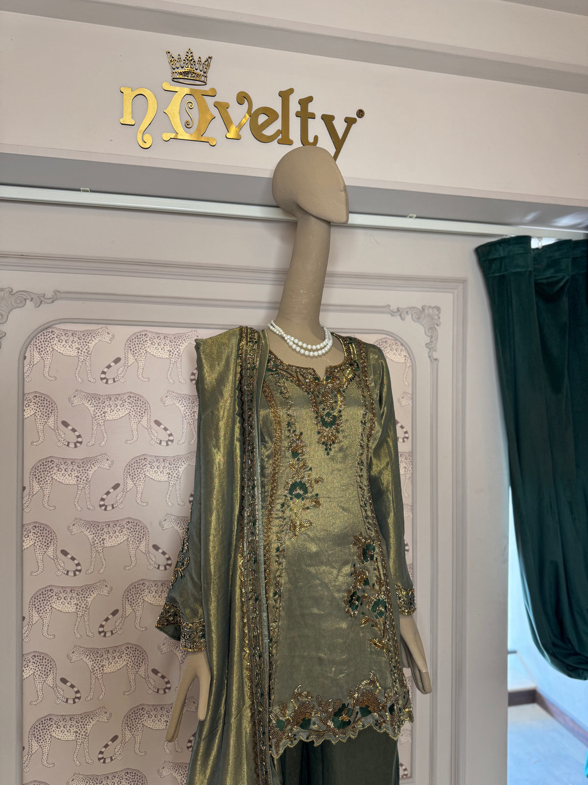 Olive Green Designer Embroidered Palazzo Suit