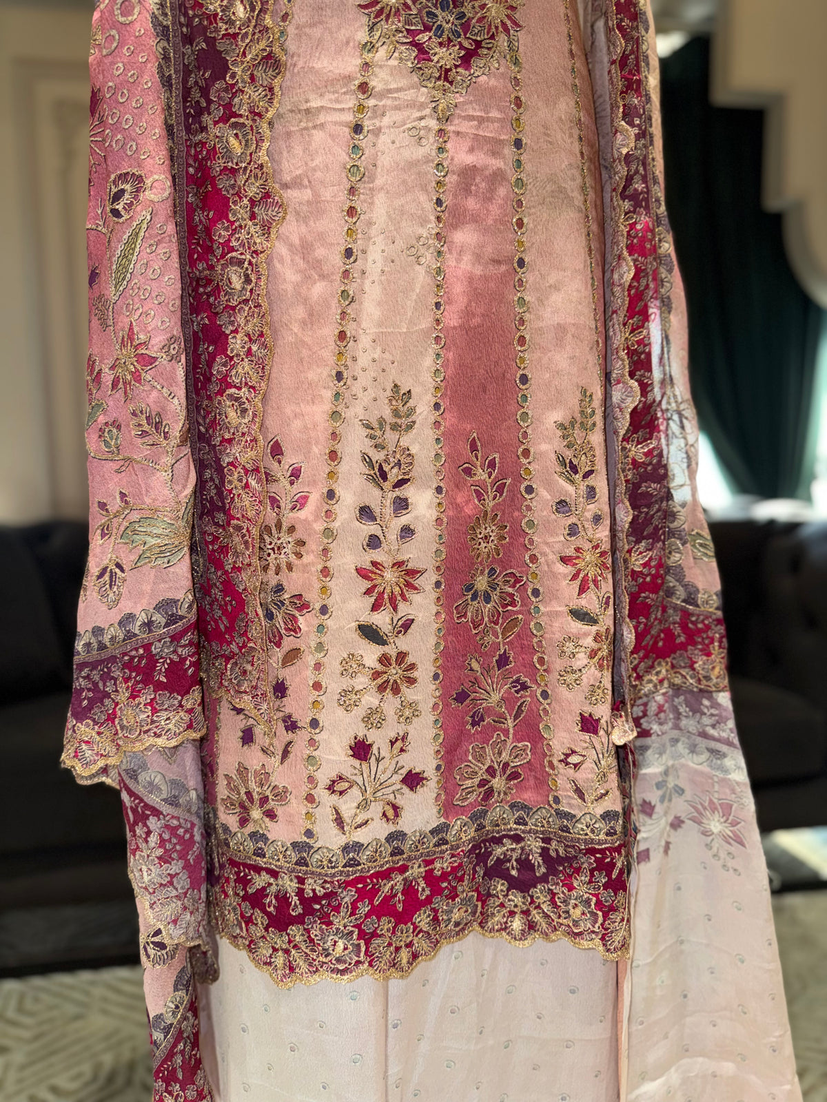 Premium Pink & Cream Embroidered Crepe Unstitched Suit with Designer Dupatta