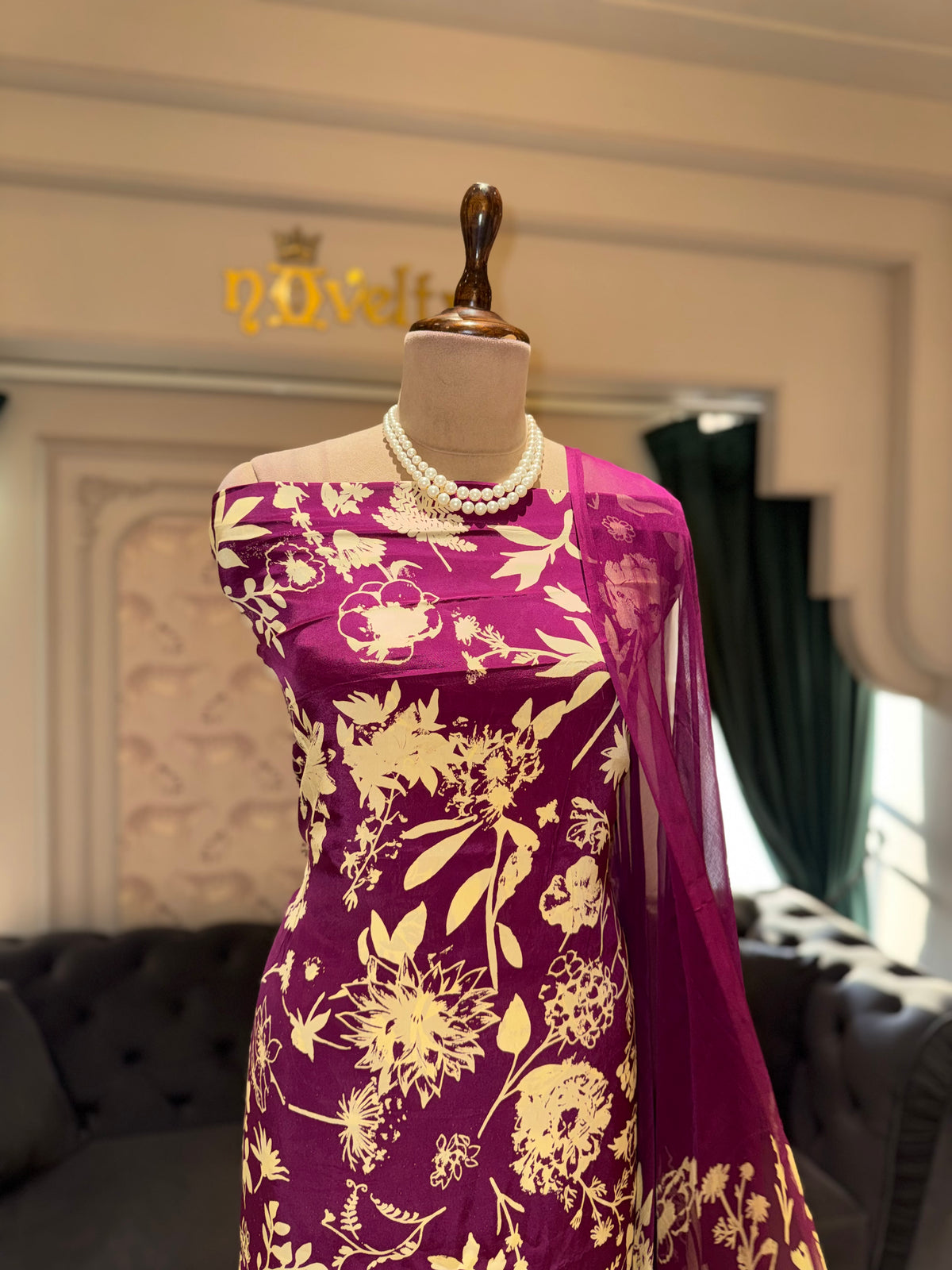 Magenta Floral Crepe Unstitched Suit