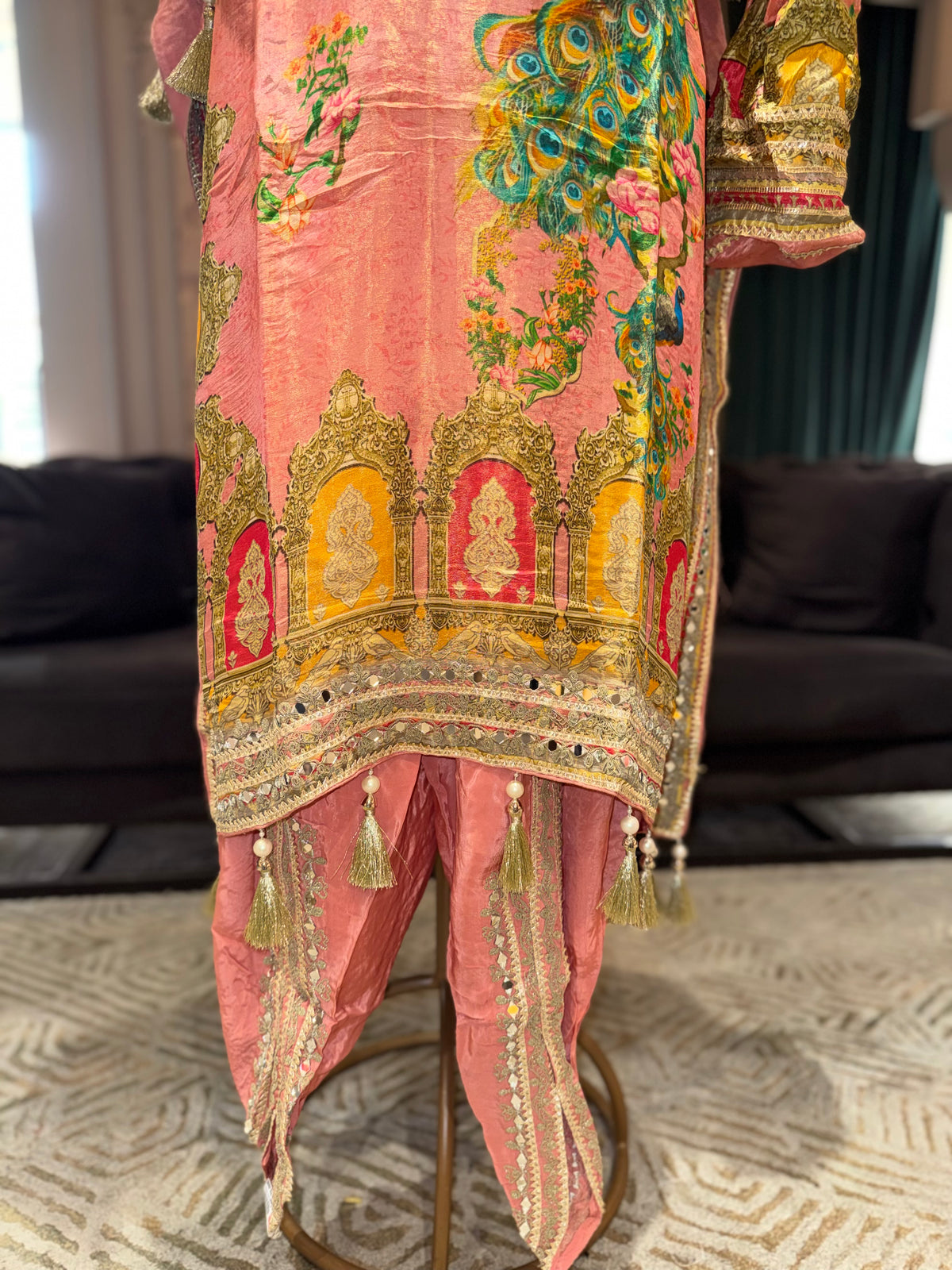 Premium Peach Silk Digital Printed Kaftan with Mirror-Work Placket, Tassels, and Matching Dhoti Pants