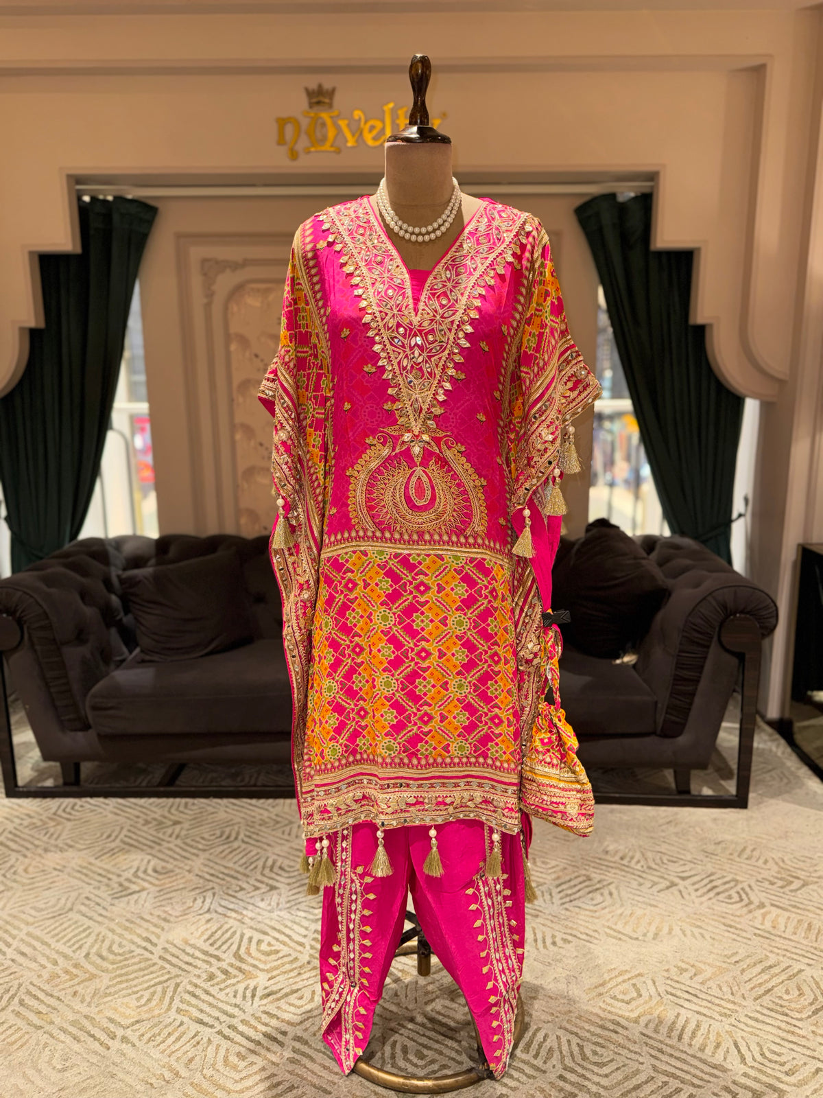 Hot Pink Embroidered Kaftan with Matching Dhoti Pants