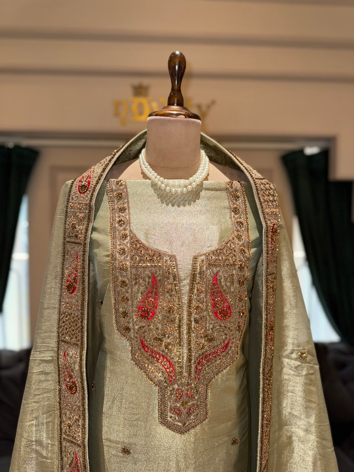 Mint Green Unstitched Silk Suit Set with Ornate Rust Paisley Zardozi Yoke & Border Dupatta
