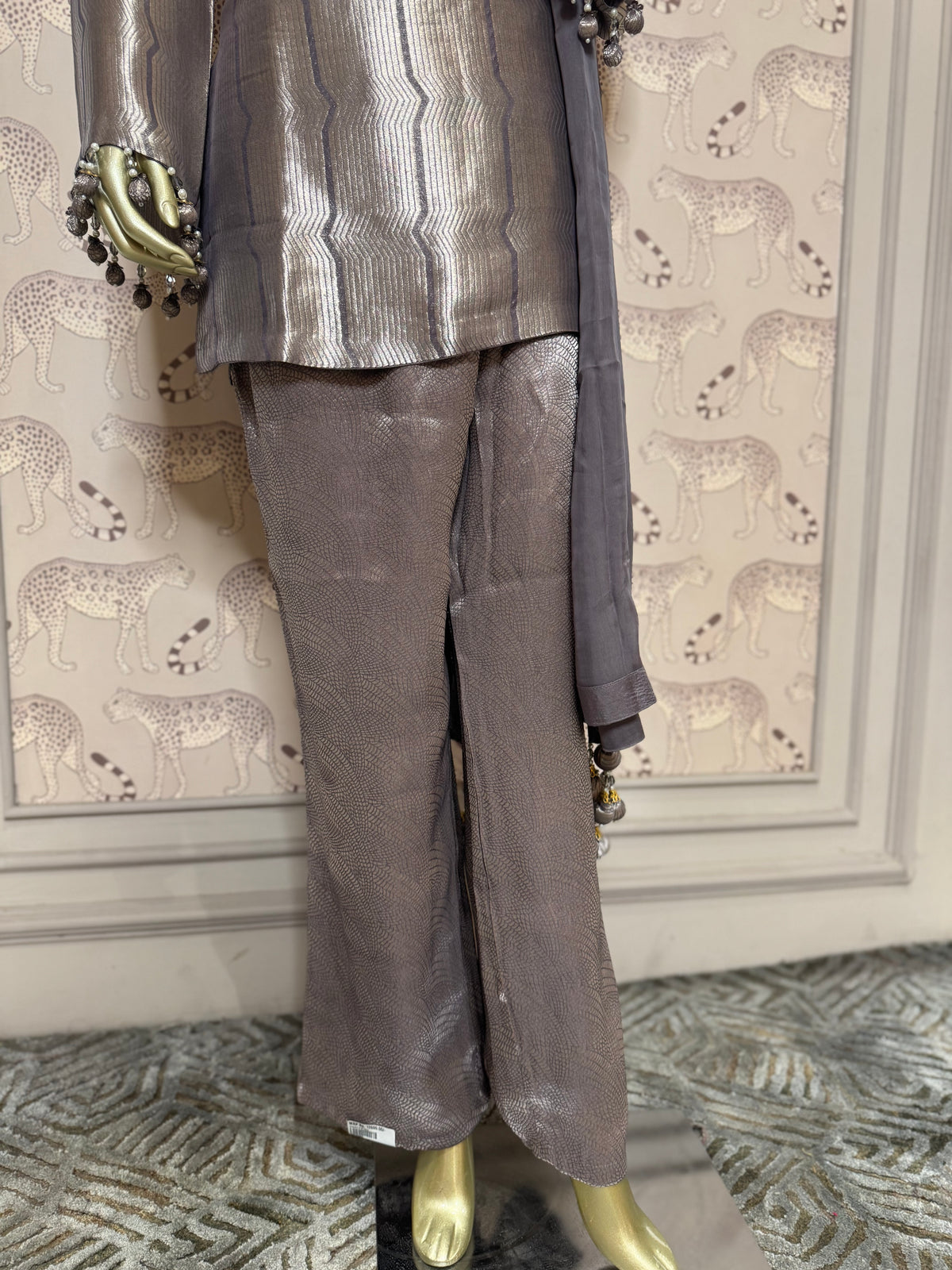 Elegant Metallic Grey Embellished Suit Set