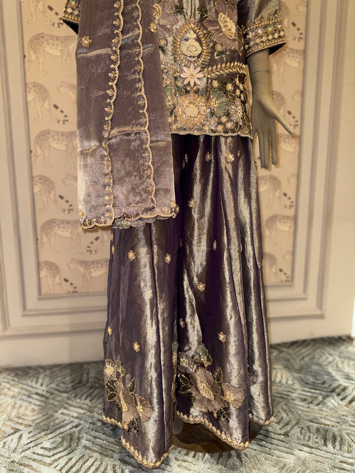Smoky Grey Embroidered Sharara Suit Set with Dupatta