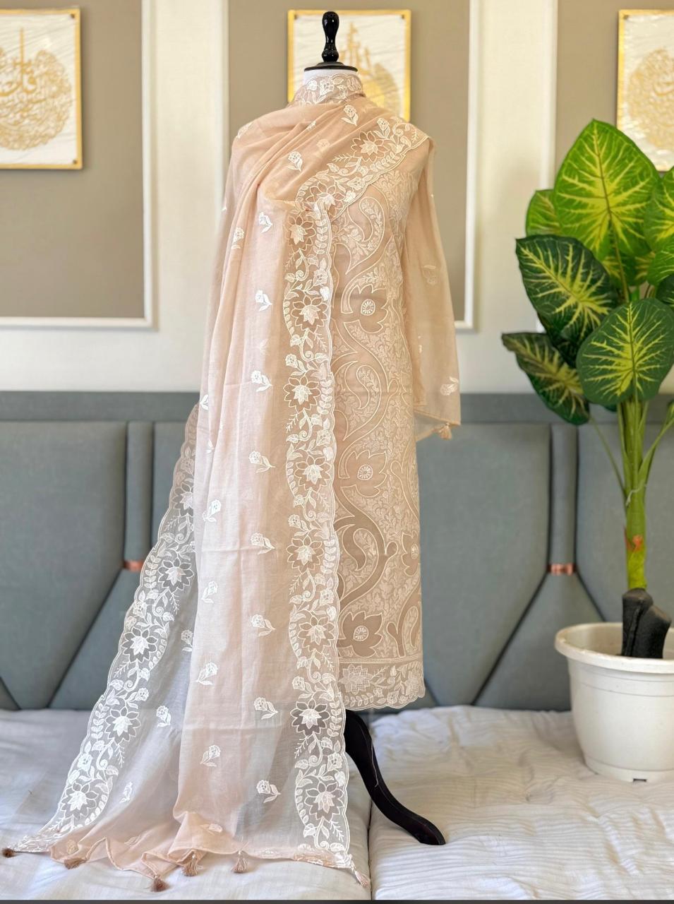 Luxury Mul Chanderi Unstitched Suit Set – Exquisite White Thread Embroidery Collection