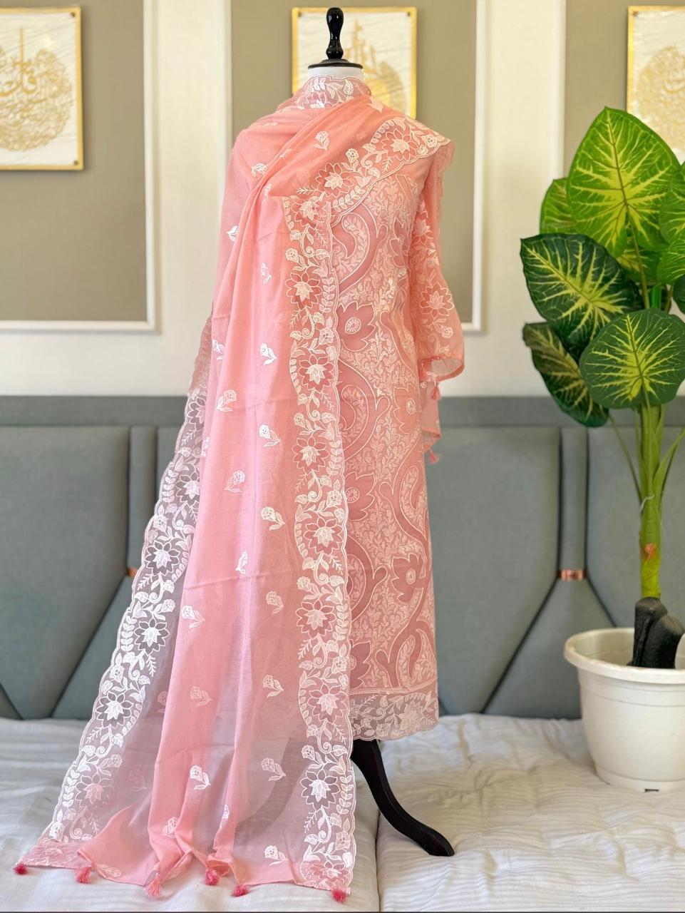Luxury Mul Chanderi Unstitched Suit Set – Exquisite White Thread Embroidery Collection