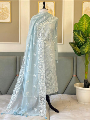 Luxury Mul Chanderi Unstitched Suit Set – Exquisite White Thread Embroidery Collection