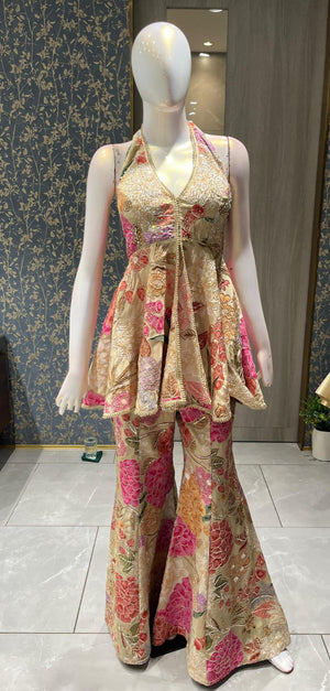 Designer Indo-Western Floral Peplum & Flared Sharara Set – Halter Neck Edition