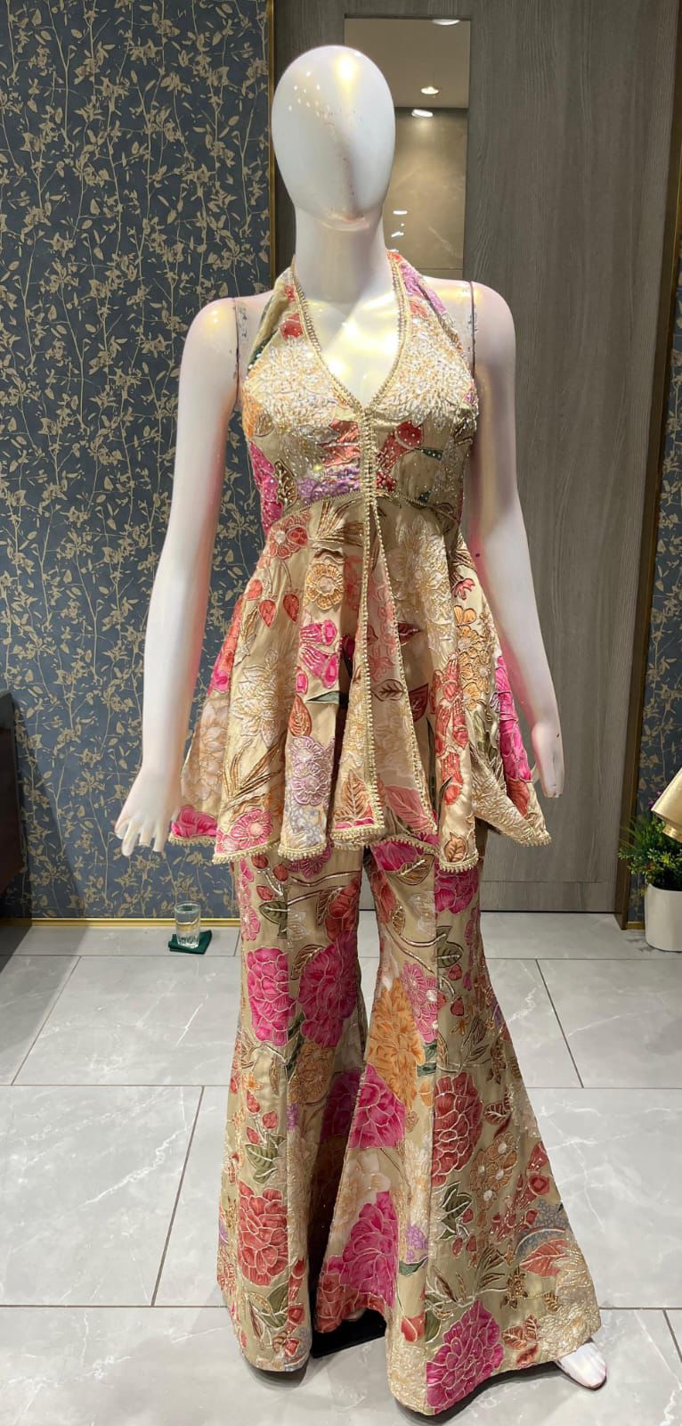 Designer Indo-Western Floral Peplum & Flared Sharara Set – Halter Neck Edition