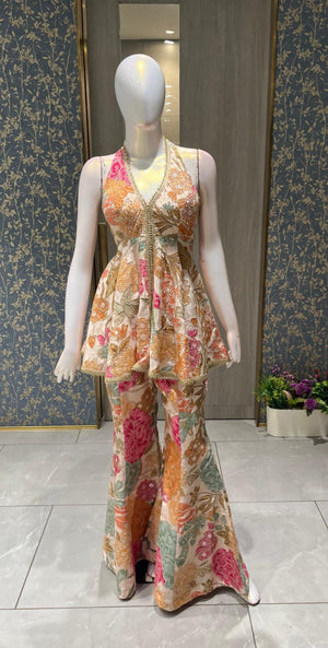 Designer Indo-Western Floral Peplum & Flared Sharara Set – Halter Neck Edition