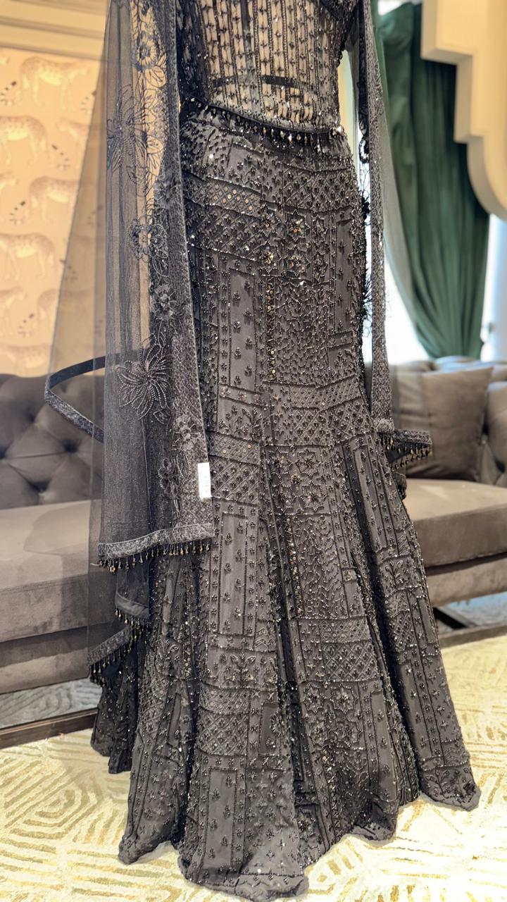 Midnight Glamour: Designer Fish-Cut Mermaid Lehenga with Corset-Style Blouse