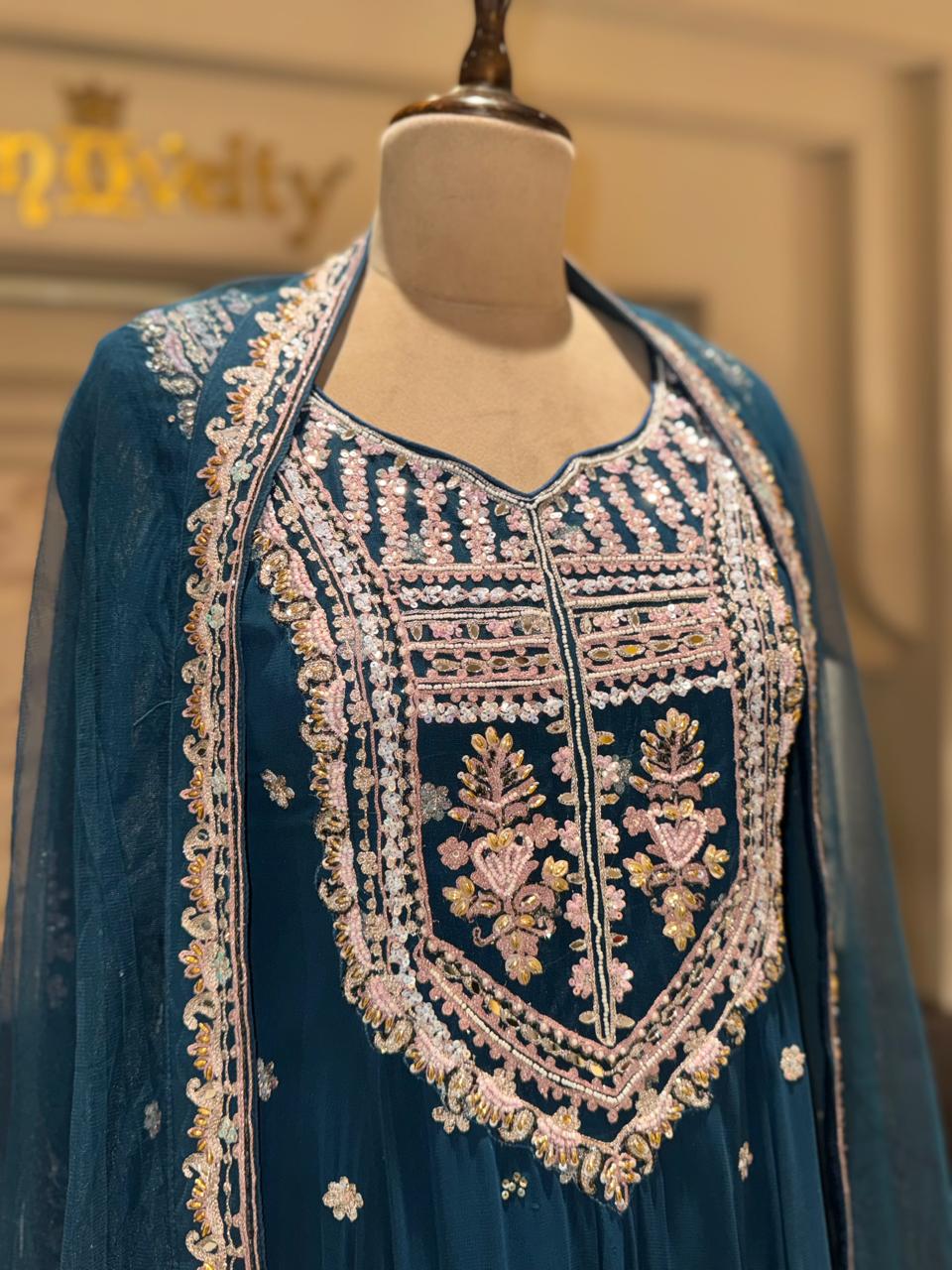 Royal Peacock Blue Sharara Set – Heavily Embroidered Kurti with Floral Borders