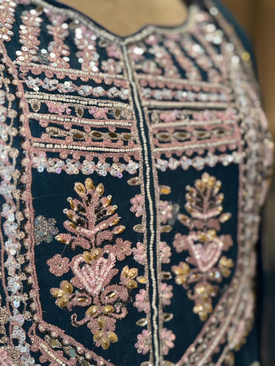 Royal Peacock Blue Sharara Set – Heavily Embroidered Kurti with Floral Borders