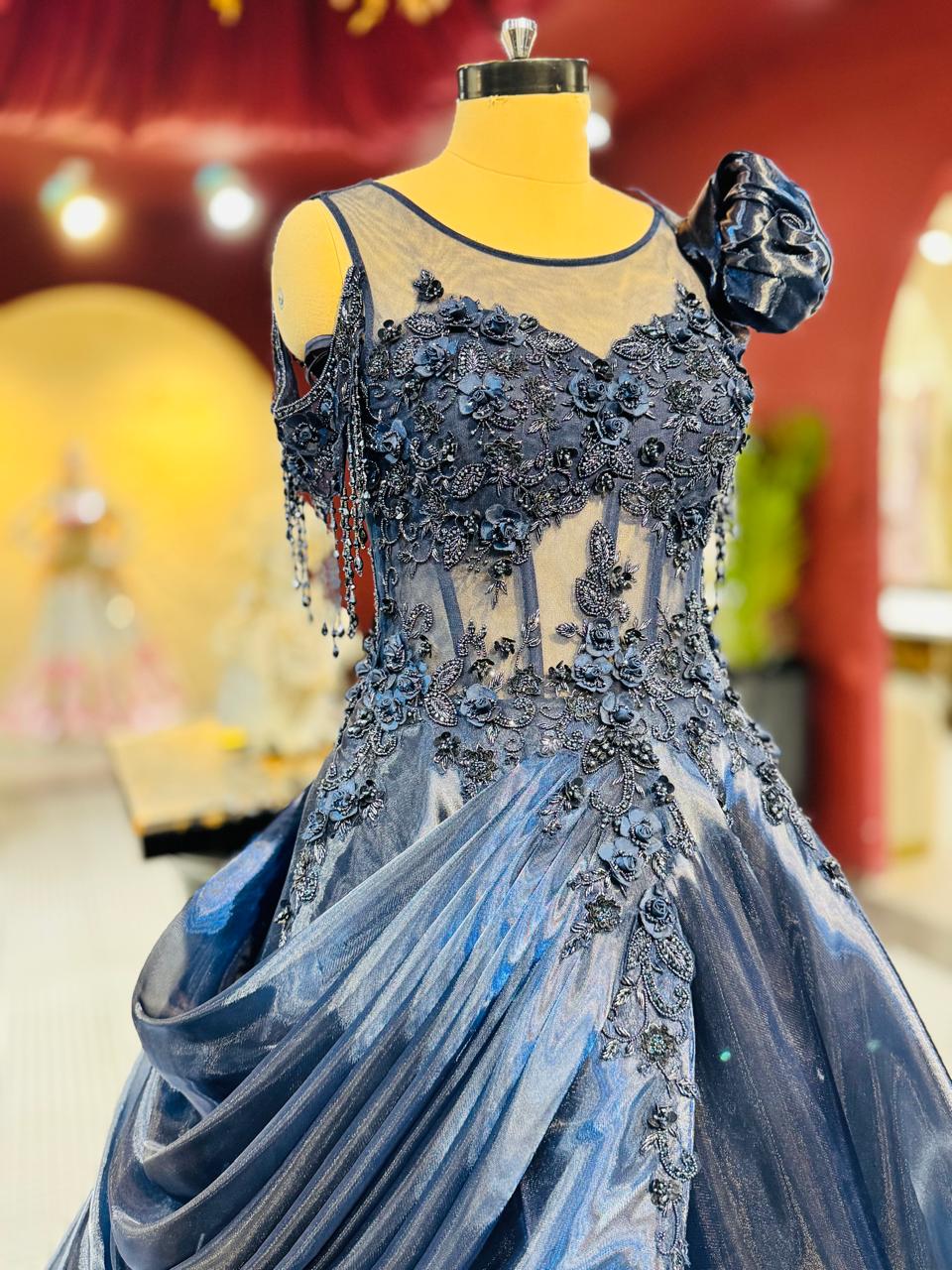 Premium Midnight Blue Metallic Gown with 3D Floral Appliqué and Draped Silhouette