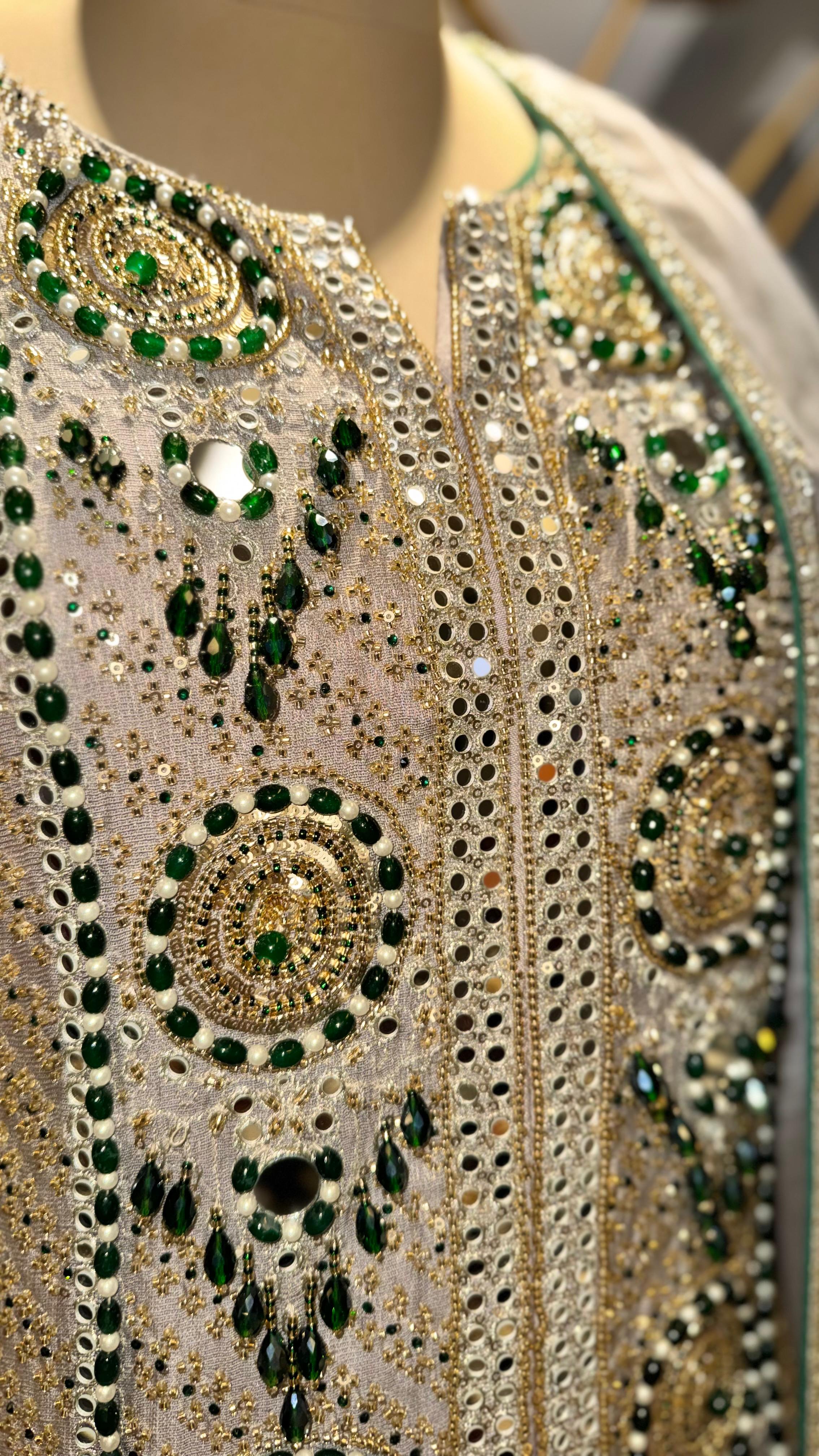 Designer Silver-Grey Sharara Set with Heavy Mirror Work and Emerald Accents