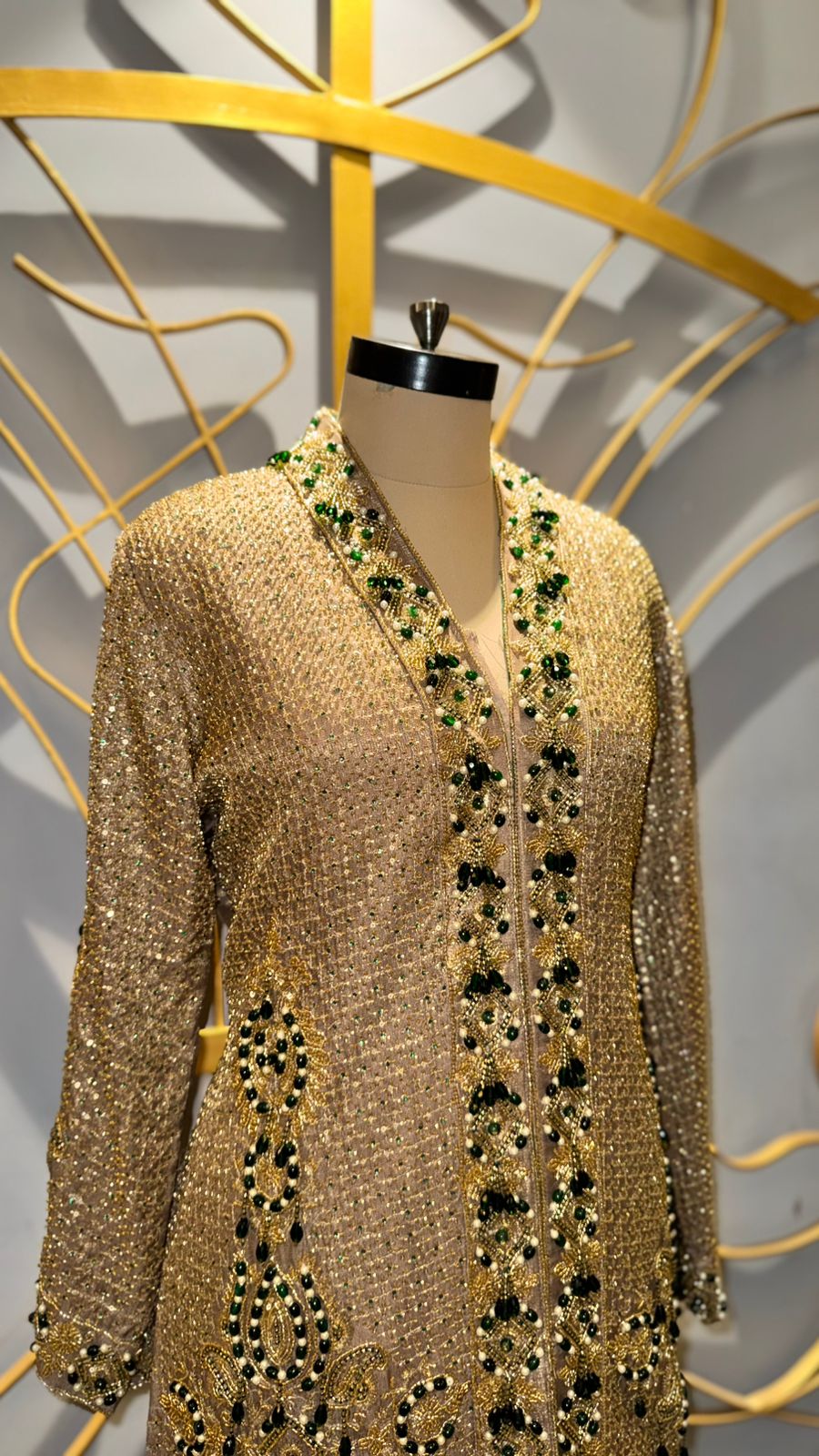 Premium Golden Sequinned Long Jacket with Emerald Green Hand-Embroidery