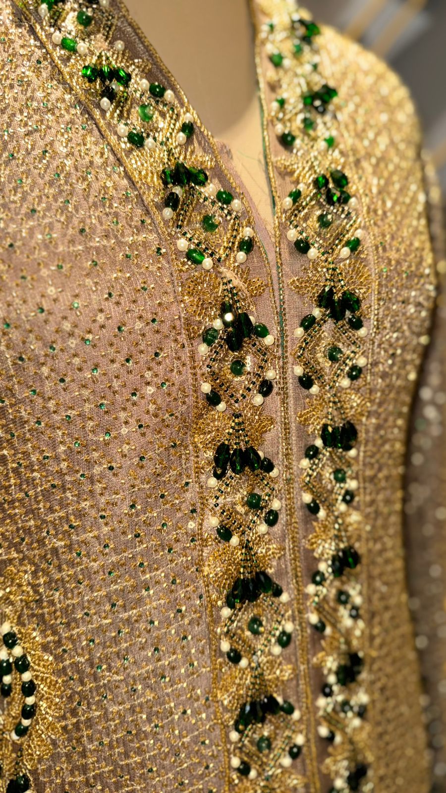 Premium Golden Sequinned Long Jacket with Emerald Green Hand-Embroidery