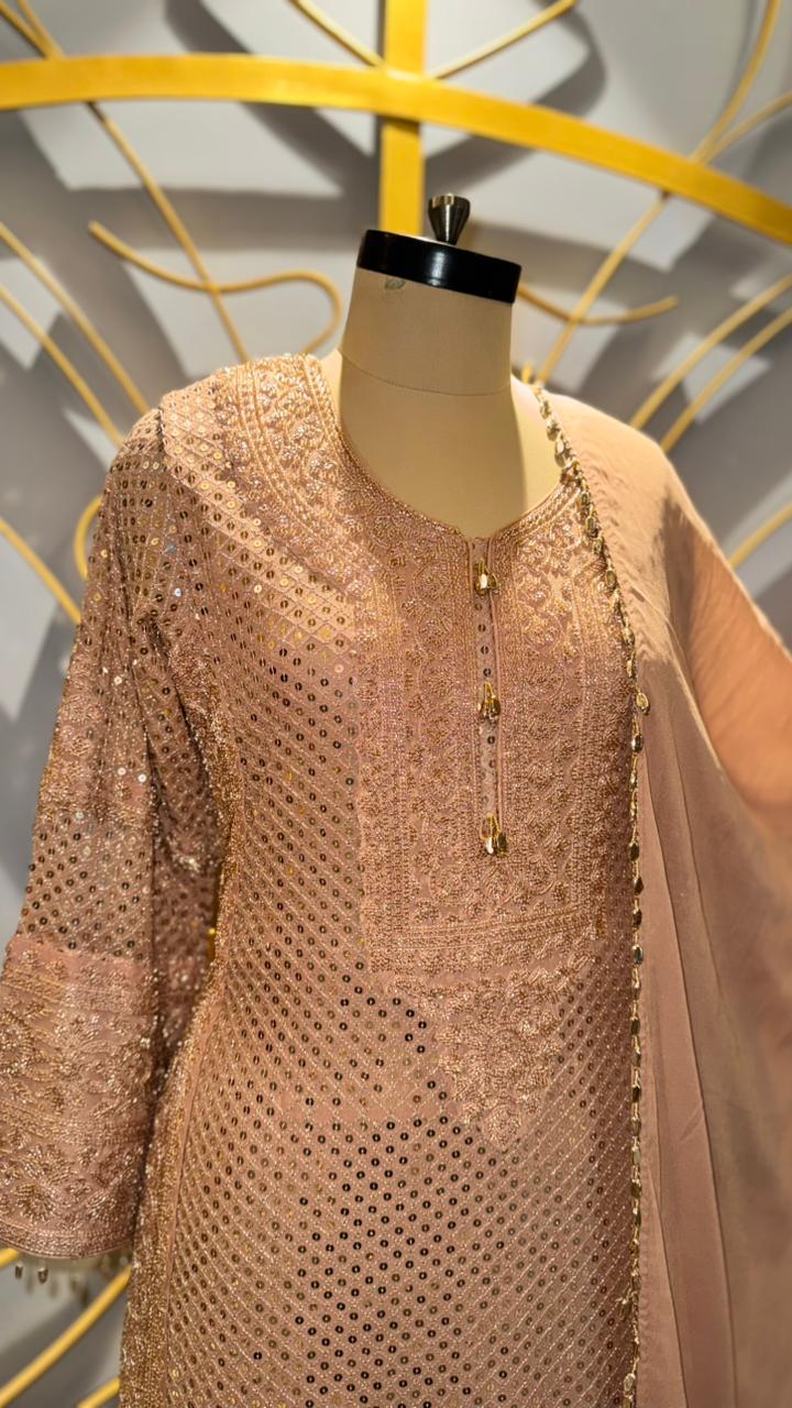 Elegant Rose-Gold Georgette Suit with All-Over Sequin Work and Matching Dupatta