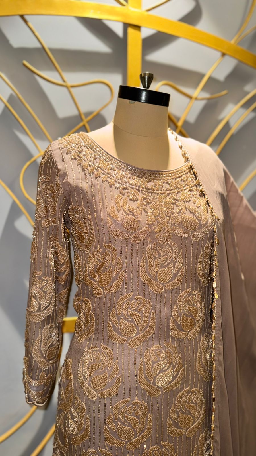 Premium Dusty Mauve Georgette Suit with Golden Rose Embroidery
