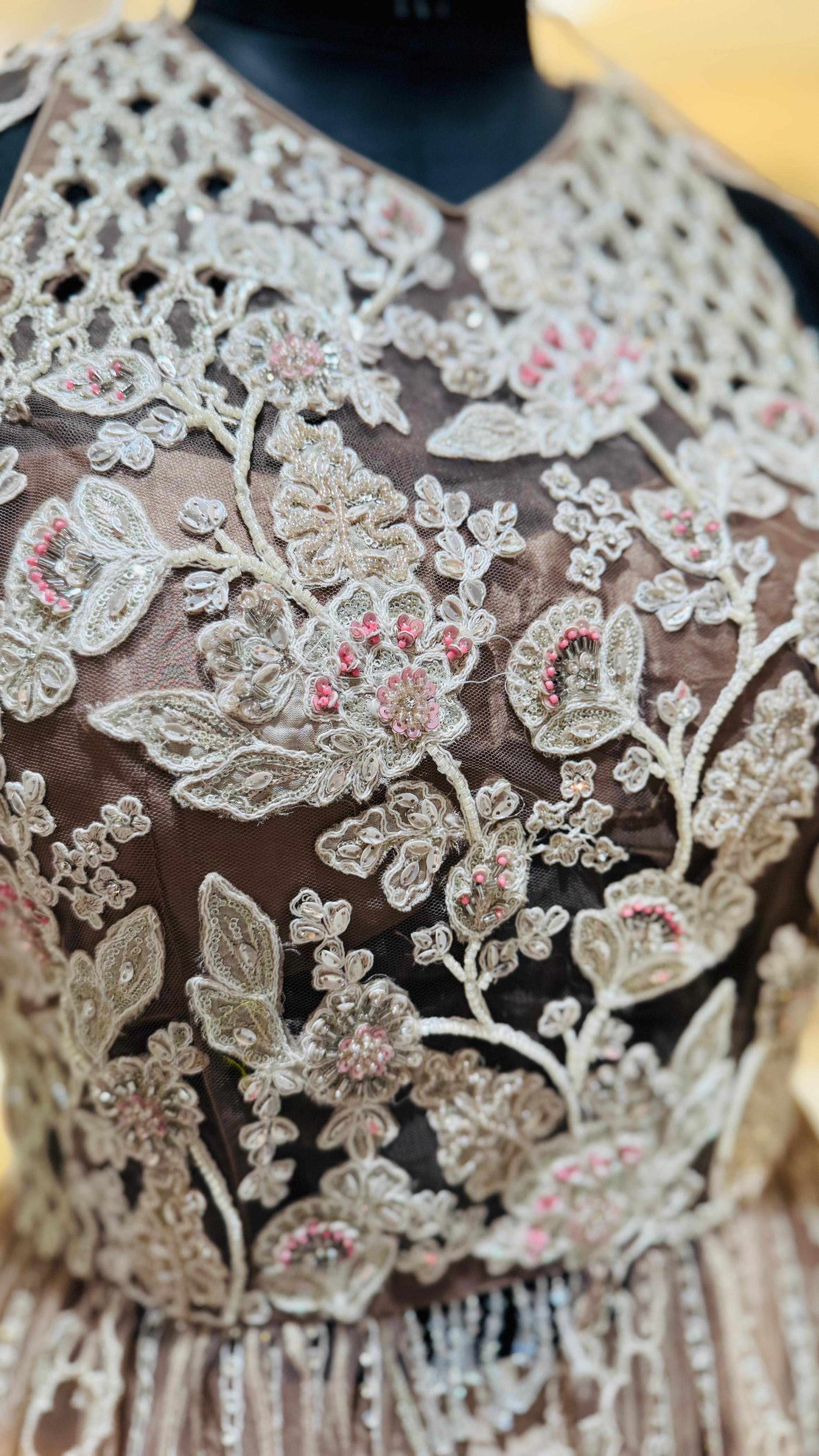 Designer Mocha Satin Sharara Set with Scalloped Lace Overlay and Sheer Cape