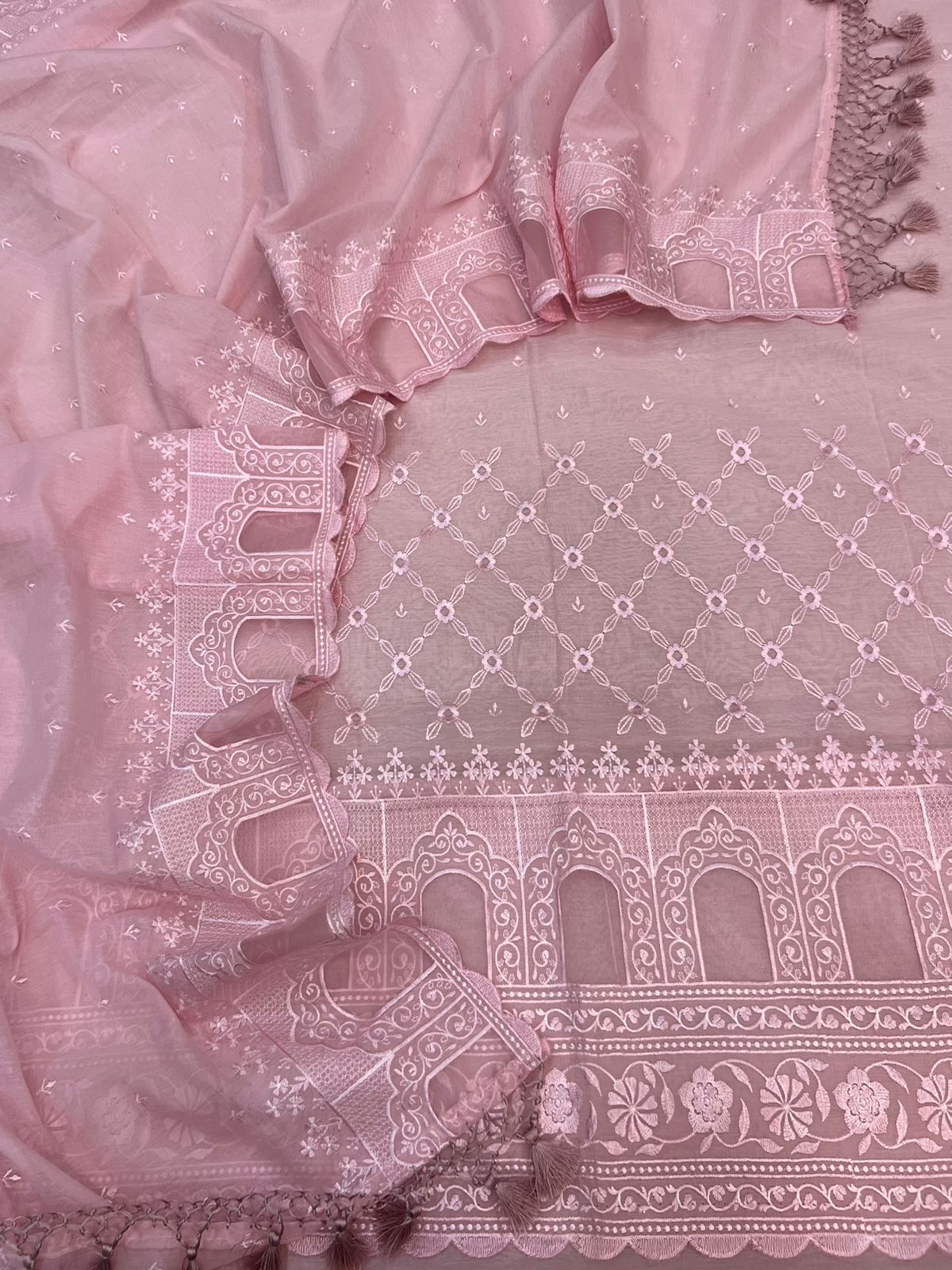 Luxury Mul Chanderi Unstitched Suit Set with Cut-Work Embroidery and Organza Border
