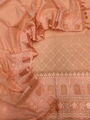 Luxury Mul Chanderi Unstitched Suit Set with Cut-Work Embroidery and Organza Border