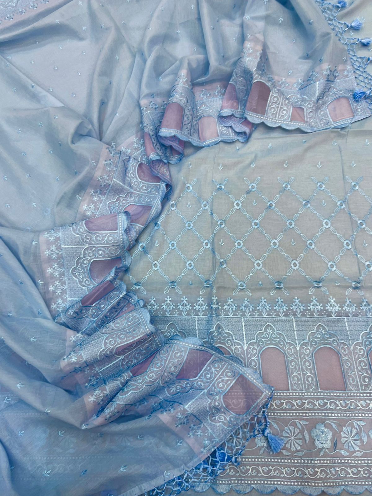 Luxury Mul Chanderi Unstitched Suit Set with Cut-Work Embroidery and Organza Border