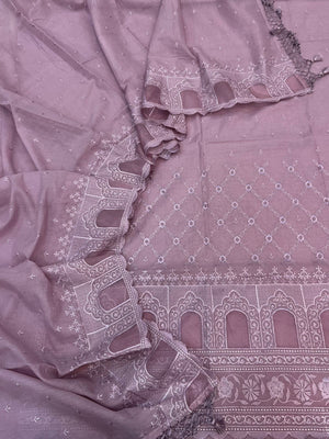 Luxury Mul Chanderi Unstitched Suit Set with Cut-Work Embroidery and Organza Border