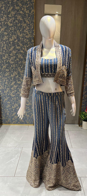 Designer Indo-Western Set with Cropped Jacket and Flared Sharara Pants