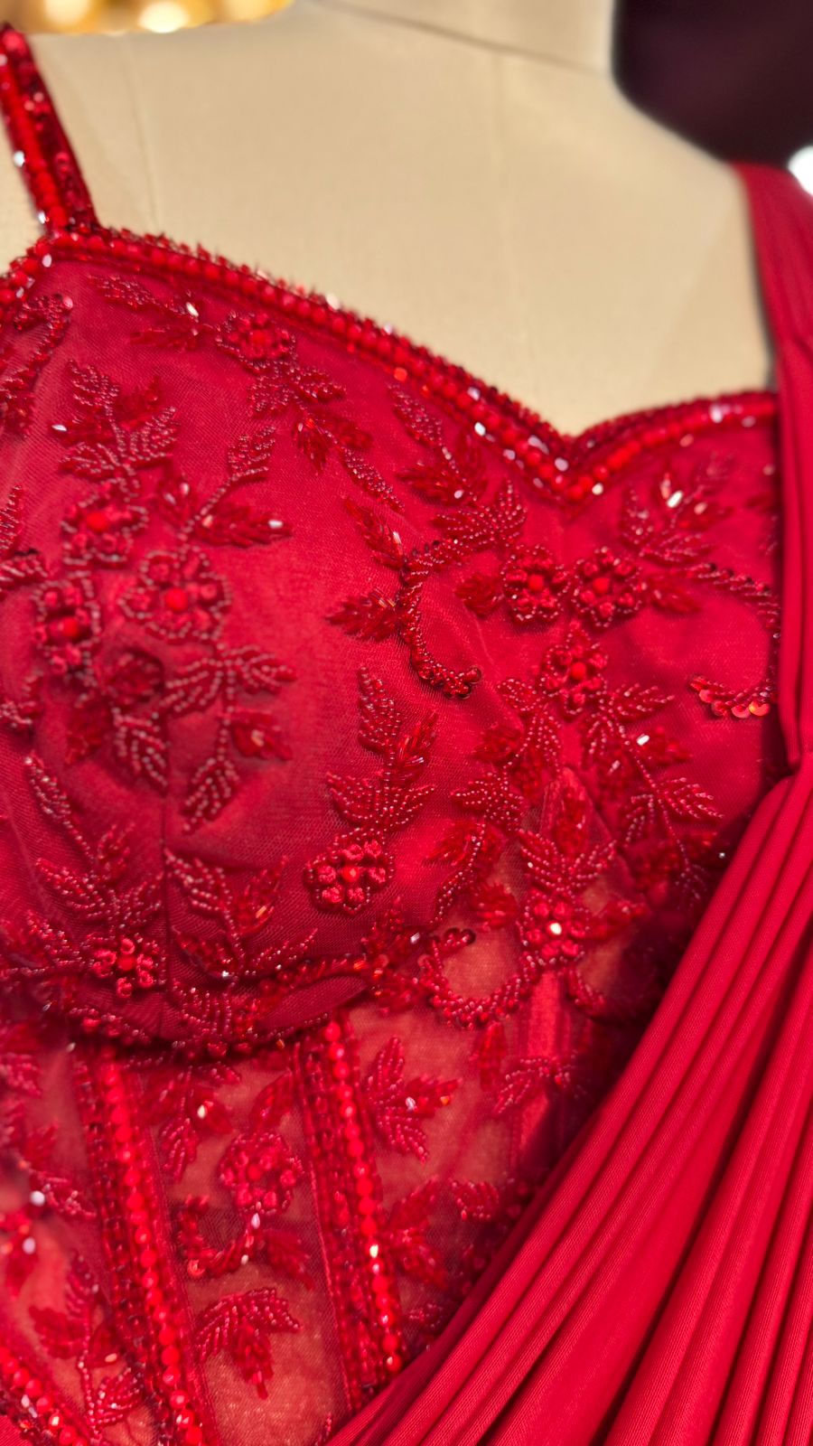 Premium Scarlet Red Pre-Stitched Drape Saree with Corset-Style Embellished Blouse