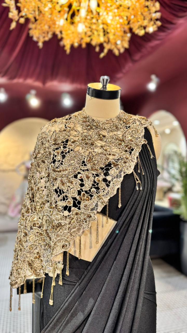 Designer Midnight Black Pre-Stitched Drape Saree with Asymmetric Golden Hand-Embroidered Cape