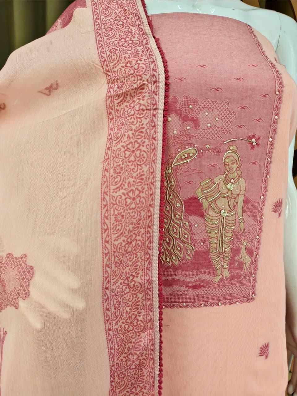 Premium Unstitched Cotton Suit Set with Traditional Krishna & Gopi Embroidery