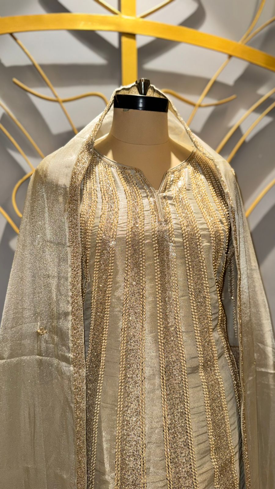 Designer Champagne Gold Silk Set with Vertical Sequin Stripes and Flared Gharara