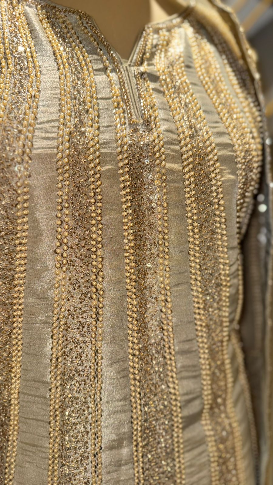 Designer Champagne Gold Silk Set with Vertical Sequin Stripes and Flared Gharara