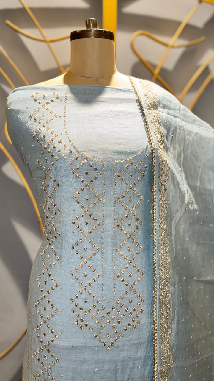 Soothing Icy Blue Mul Cotton Unstitched Suit with Delicate White Thread Work