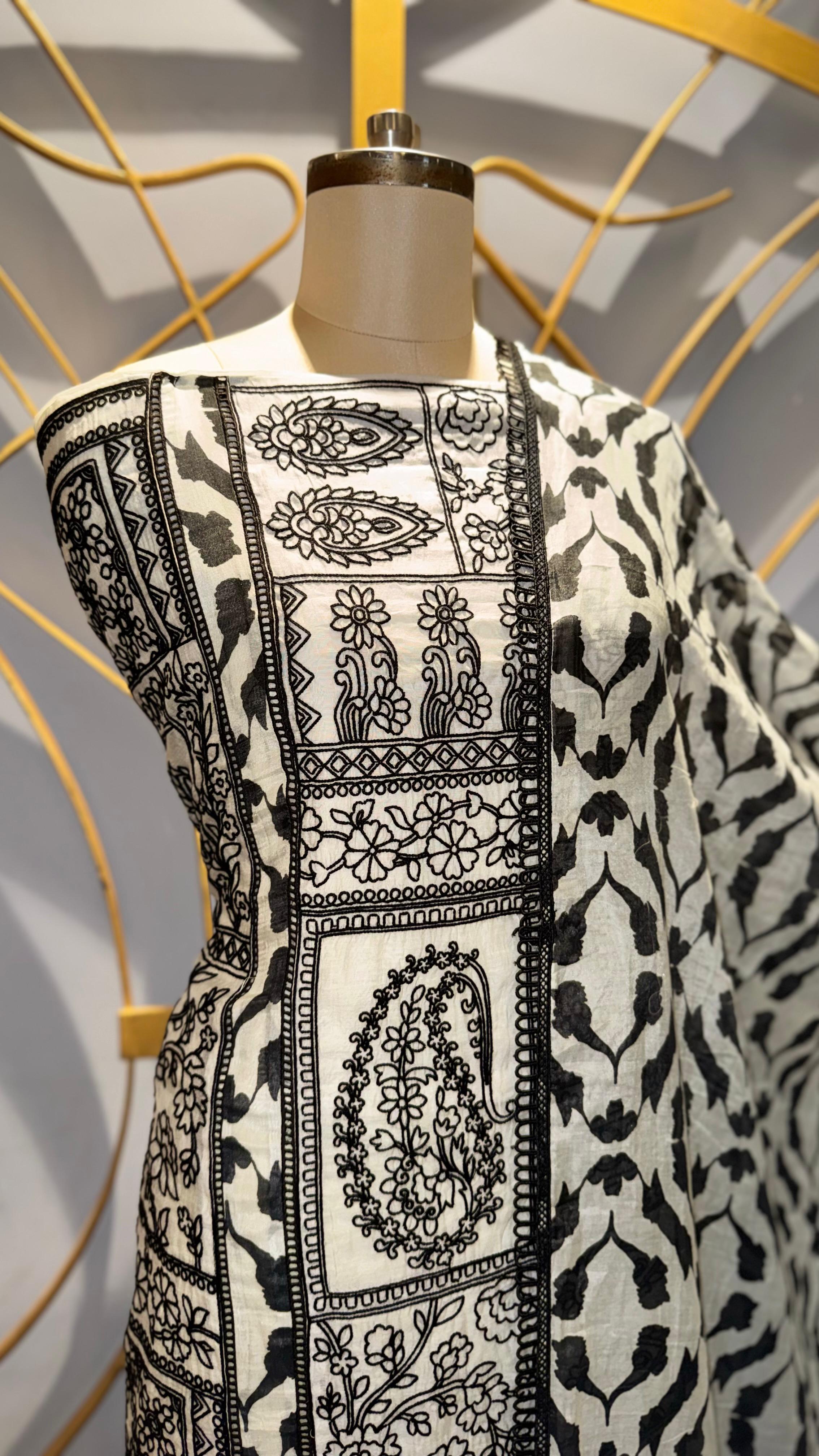 Premium White Mul Cotton Unstitched Suit with Bold Black Embroidery and Printed Dupatta