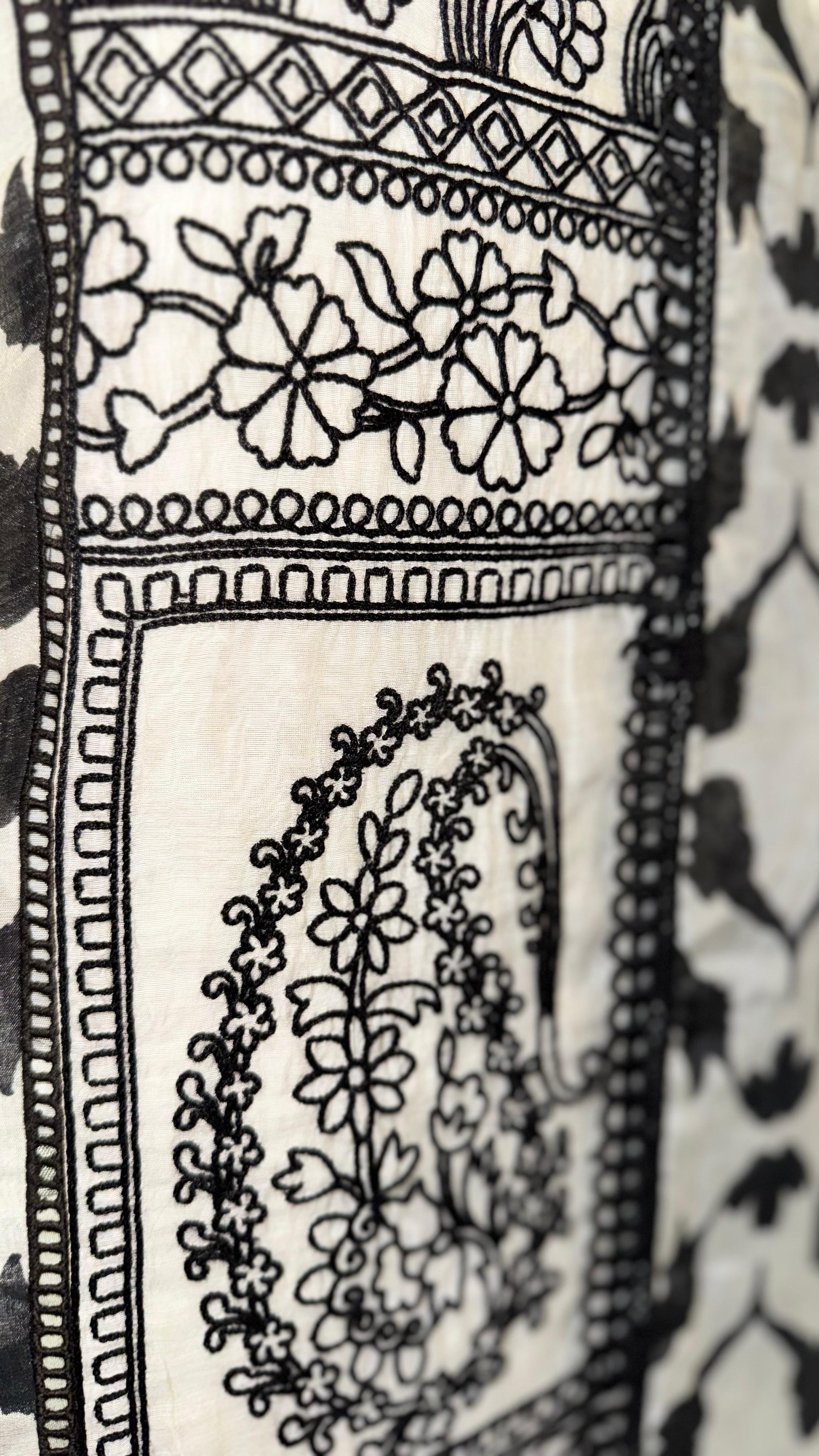Premium White Mul Cotton Unstitched Suit with Bold Black Embroidery and Printed Dupatta