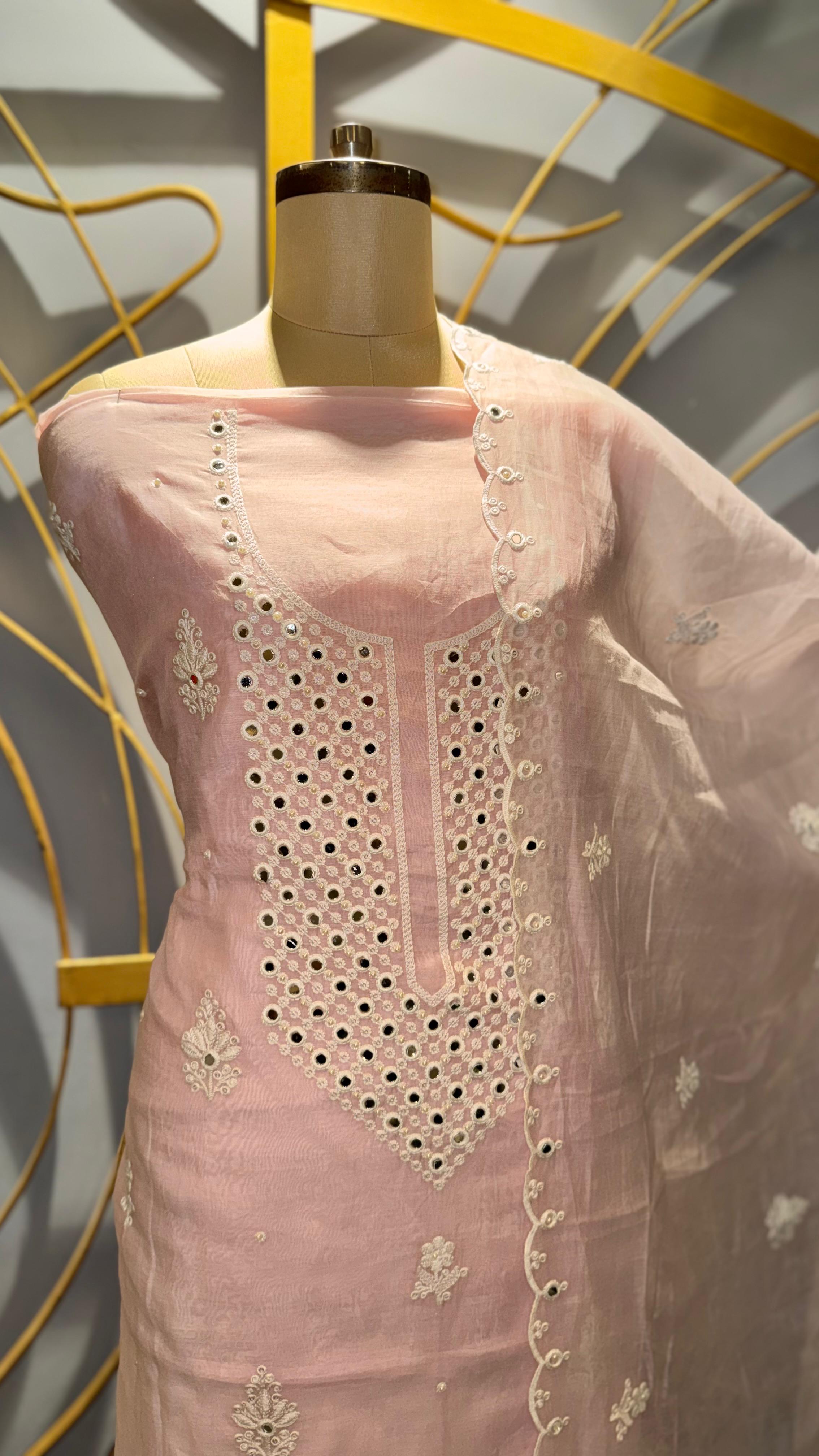 Elegant Blush Pink Unstitched Mul Cotton Suit with Traditional Mirror-Work and Scalloped Borders