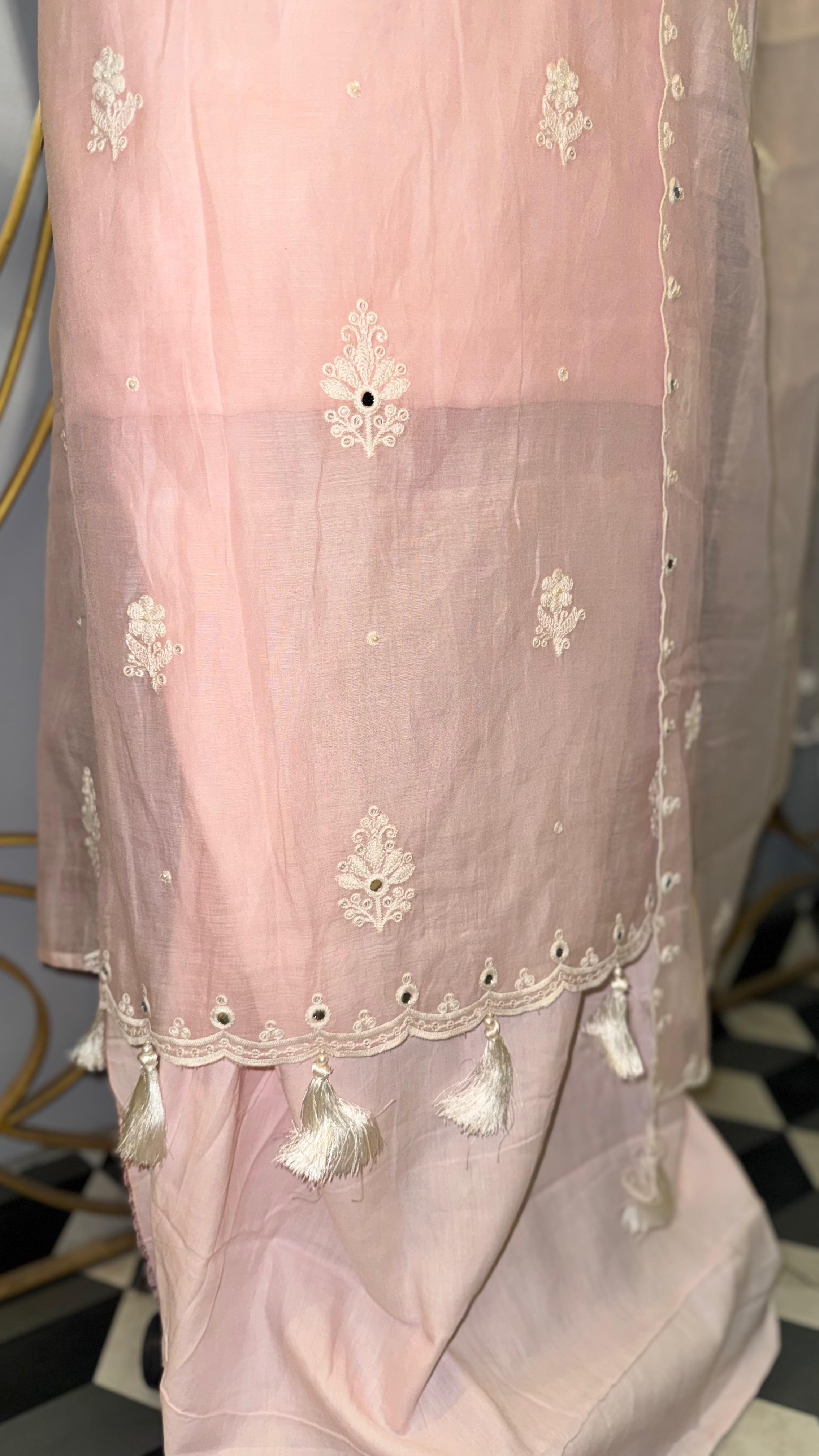 Elegant Blush Pink Unstitched Mul Cotton Suit with Traditional Mirror-Work and Scalloped Borders