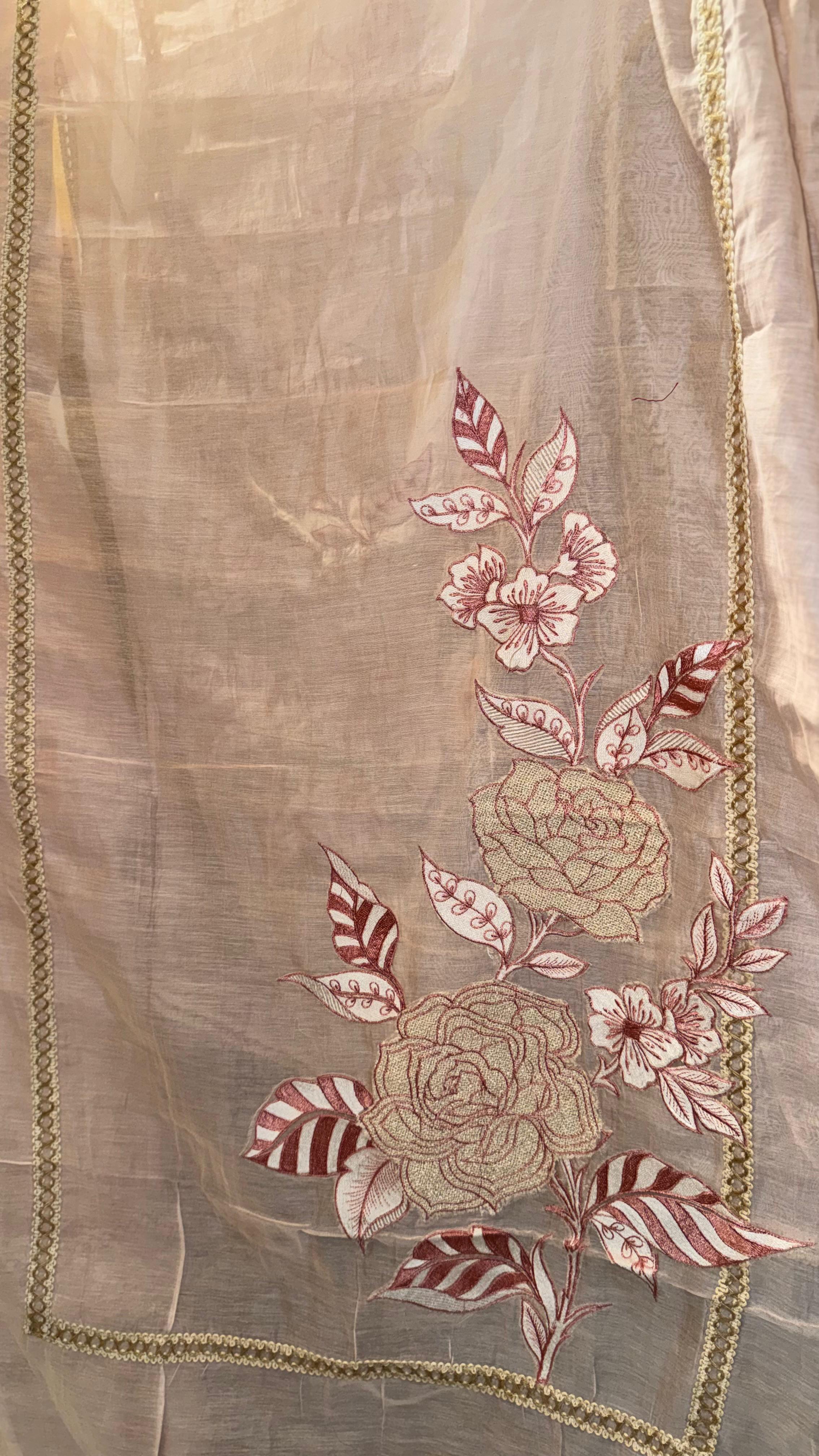 Premium Peach Unstitched Suit with Rose Appliqué Work and Lace Detailing