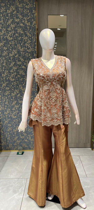 Charcoal Brown Georgette Suit with Heavy Antique Gold Embroidery and Paisley Motifs