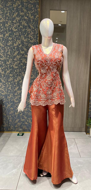 Charcoal Brown Georgette Suit with Heavy Antique Gold Embroidery and Paisley Motifs